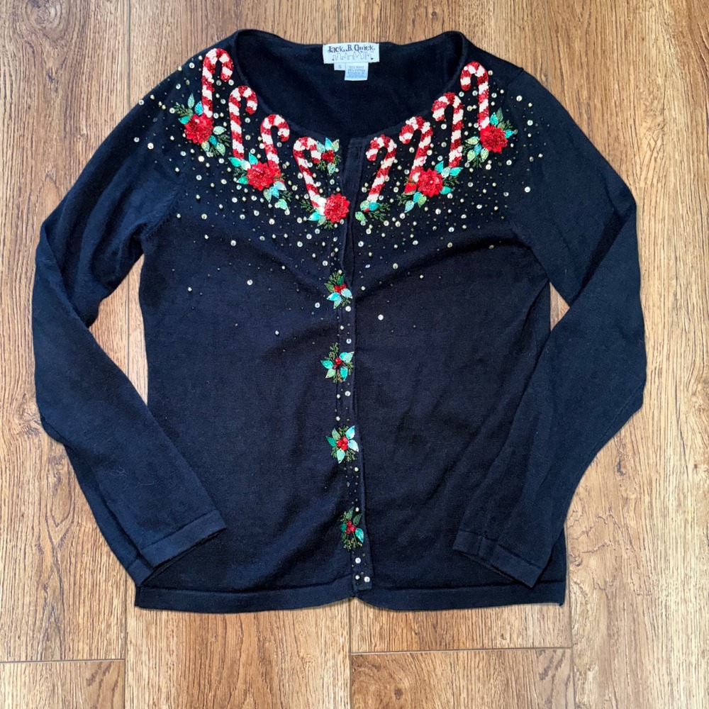 Vtg Jack B Quick Womens Small Black Sequin Candy Cane Christmas Holiday Cardigan